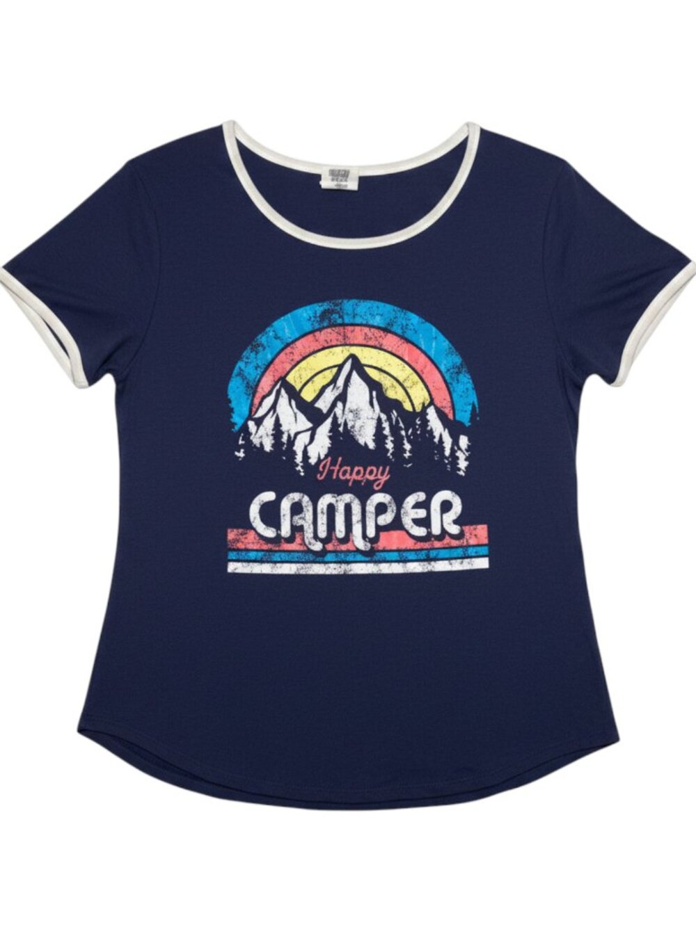 Funky Pink Happy Camper Navy T-Shirt XL White Trim Mountains Retro Distressed